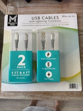 Member's Mark Gray Braided Lightning USB Cable 2-Pack (3 ft & 6 ft)